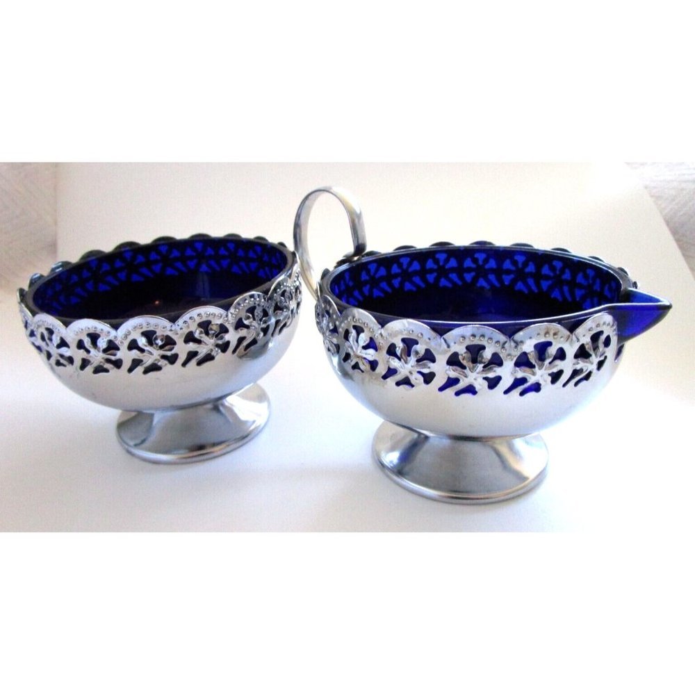 Cobalt Blue Glass and Silver Quality Plate Sugar and Creamer Set - England VTG - Picture 3 of 16